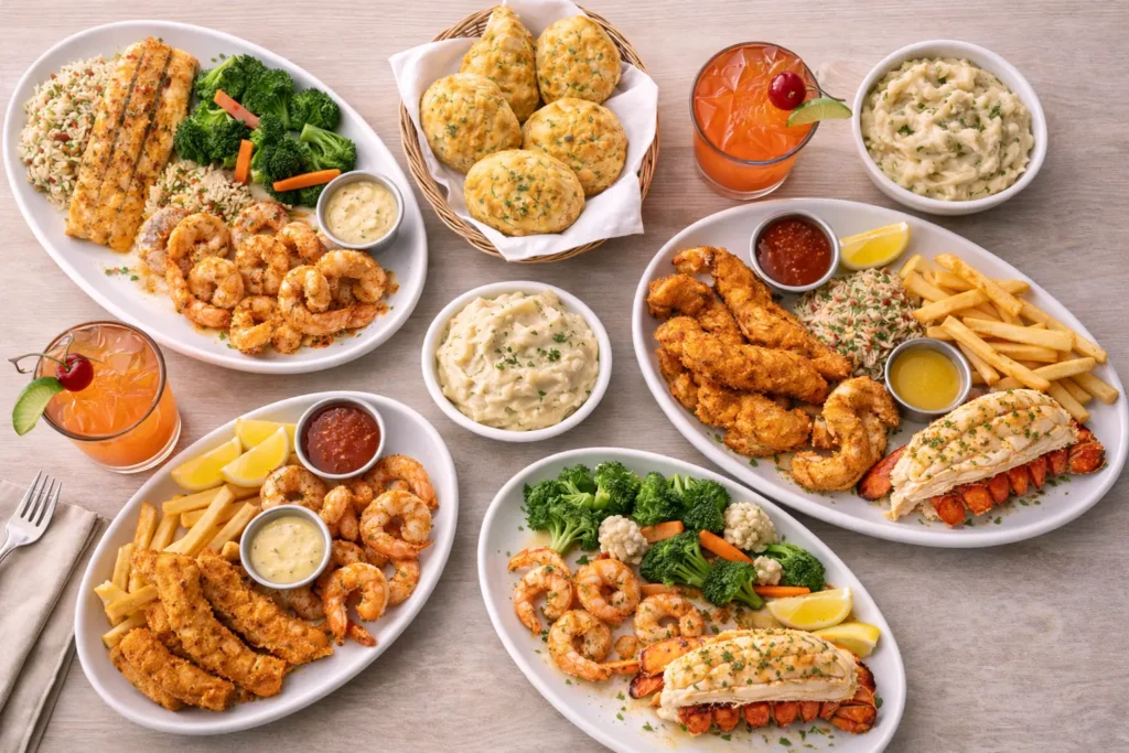 Red Lobster menu with prices 2026 featuring shrimp lobster and seafood platter with cheddar bay biscuits