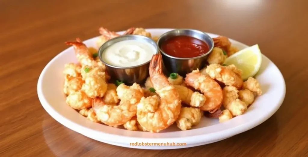 Crunchy Popcorn Shrimp Platter served with fries dipping sauces and seafood sides