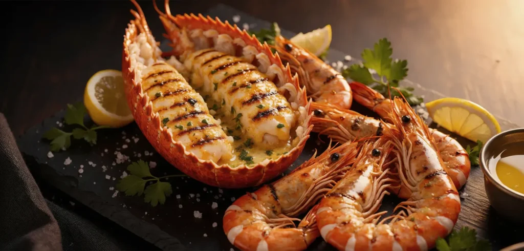 grilled lobster shrimp seafood combo with garlic butter and lemon