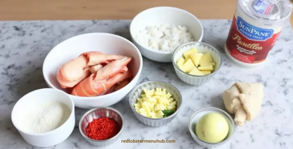Ingredients used in Lobster Pappardelle Pasta including lobster meat, pappardelle pasta, cream sauce, and cheese