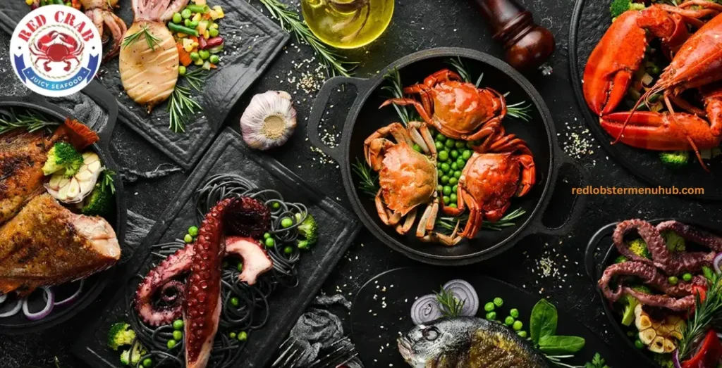 Global seafood favorites including shrimp, salmon, tuna, lobster, crab, oysters, and mussels