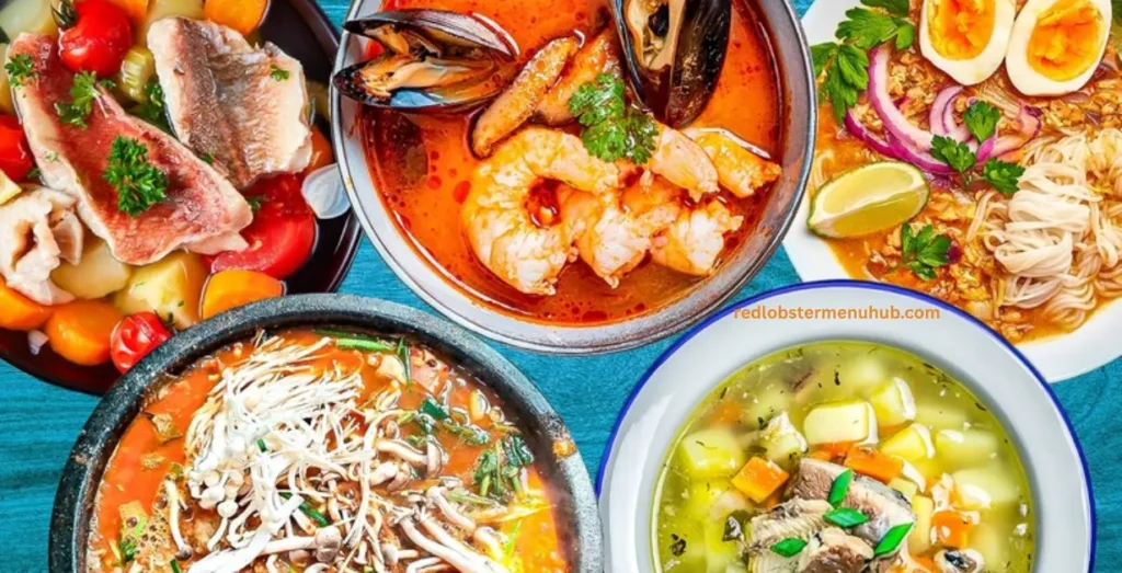 International seafood dishes include lobster rolls, sushi, paella, fish and chips, and grilled seafood platters.