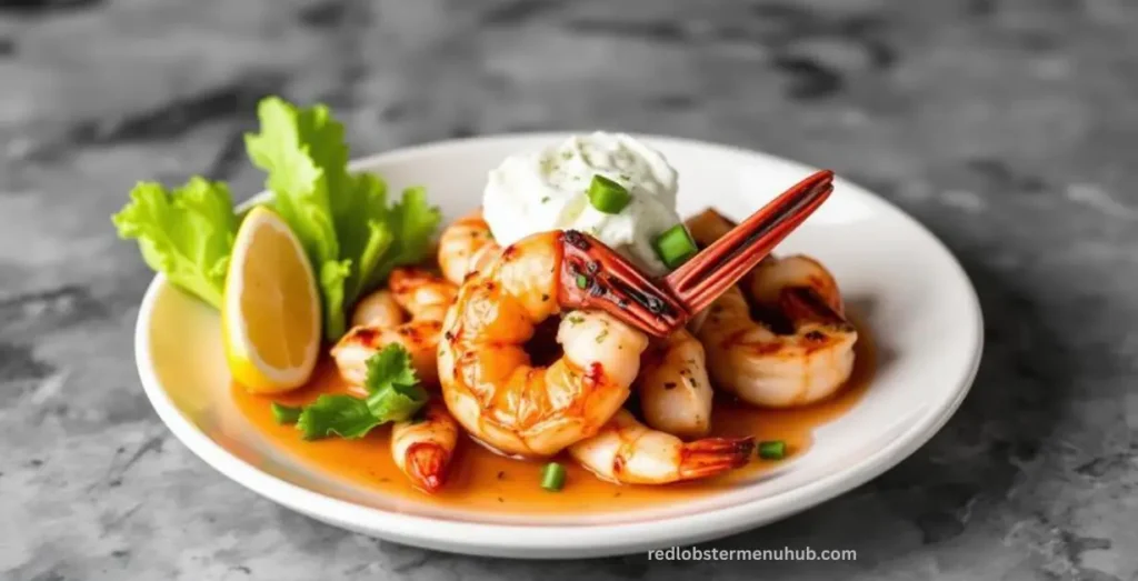 Red Lobster's Garlic-Grilled Shrimp is served with garlic butter seasoning and delicious side dishes.