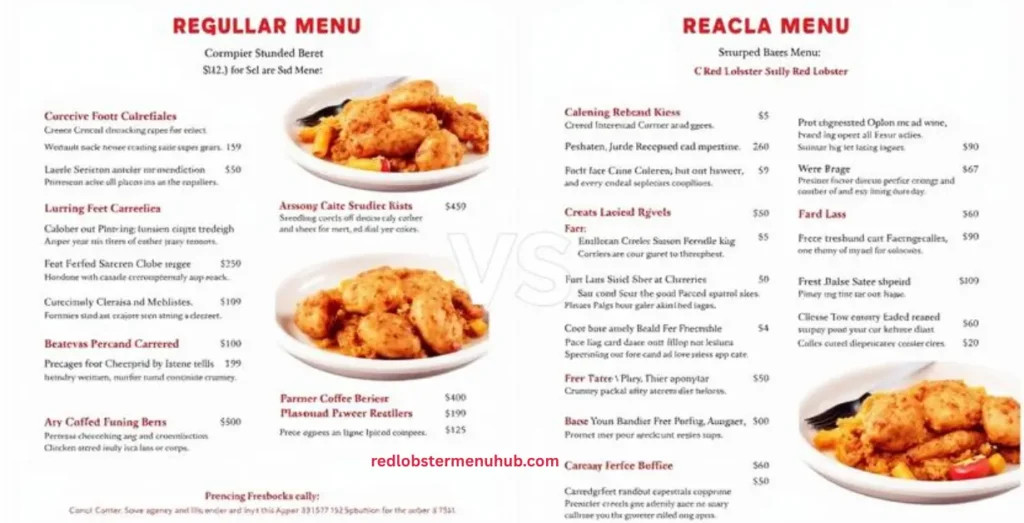 Comparison of Red Lobster Senior Menu and Regular Menu showing portion sizes, prices, and seafood meal options
