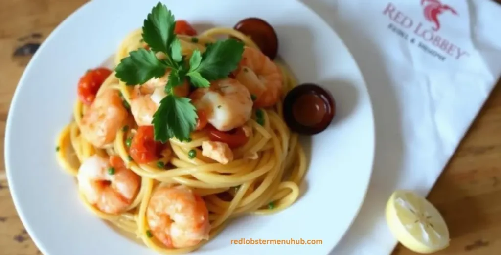 Shrimp scampi pasta served with linguine, garlic butter sauce, and Parmesan cheese.