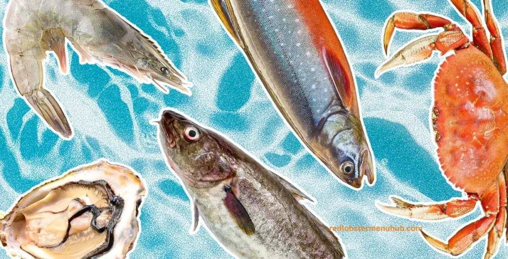Sustainably sourced seafood, including salmon, mussels, oysters, and sardines, with eco-friendly fishing practices