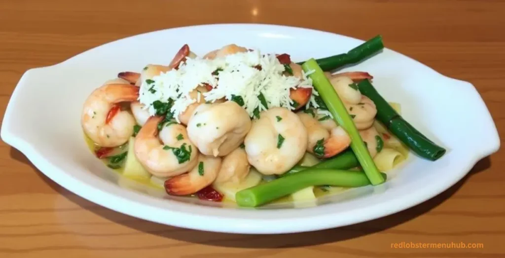 Classic Red Lobster Shrimp Scampi with garlic butter sauce and seasoned shrimp in a skillet.
