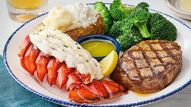 Ingredients used in Red Lobster Surf & Turf including Maine lobster tail, filet mignon, butter, garlic and herbs