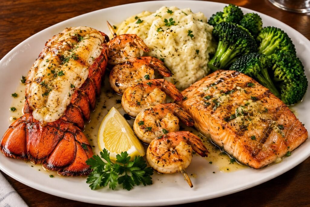 Grilled lobster tail, shrimp and salmon plate with garlic butter