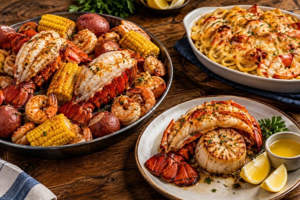 Lobsterfest seafood spread with a lobster boil, grilled lobster tail with scallop and lobster pasta au gratin