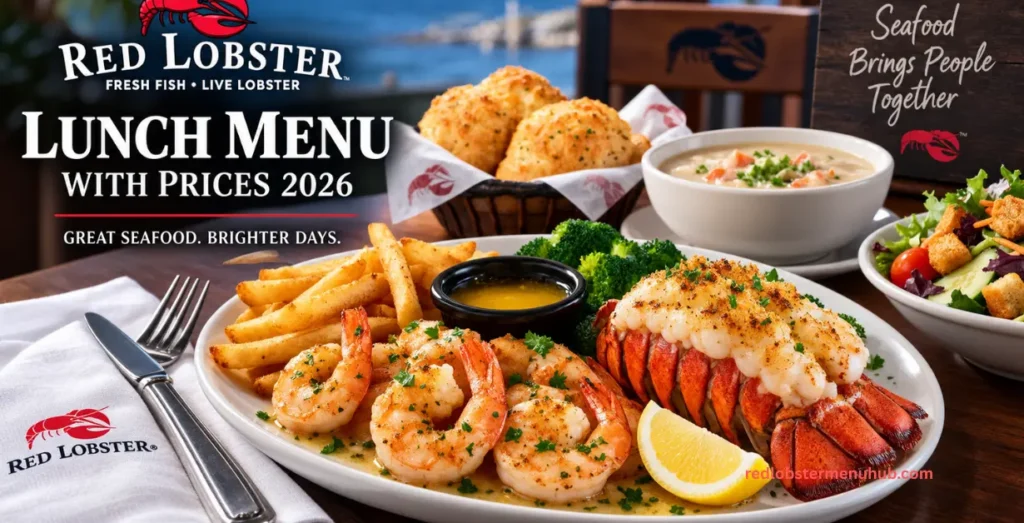 Red Lobster lunch menu with prices 2026 featuring seafood, shrimp and sides